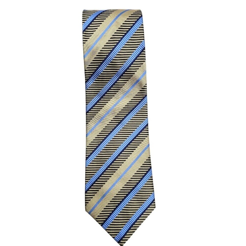 LUCIANO VERSI 100% Silk Tie Necktie BLUE NAVY GOLD Stripes 60" Textured Designer